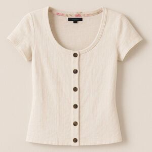 American Eagle Cream Ribbed Button Front Top M Medium Short Sleeve Scoop Neck